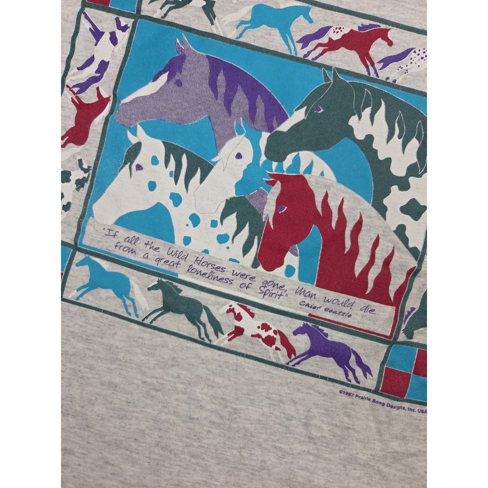 Vtg 1997‎ Prairie Song Graphic T-Shirt Horse Native American Western Gray Size L - Picture 2 of 11